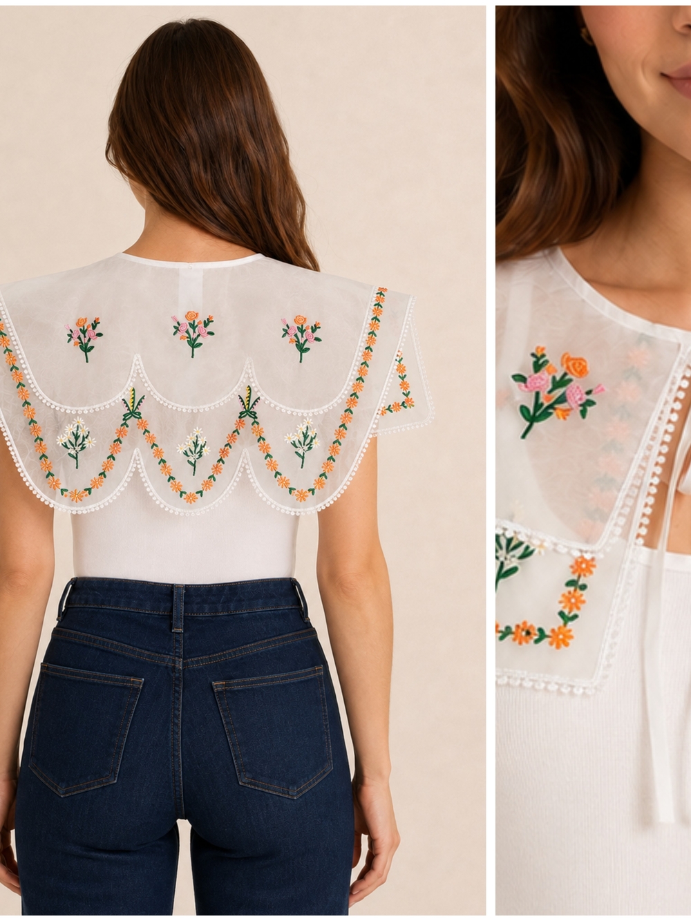 House Of Harlow 1960, Embroidered Floral Detachable Collar Top - White, NWT - Picture 2 of 2